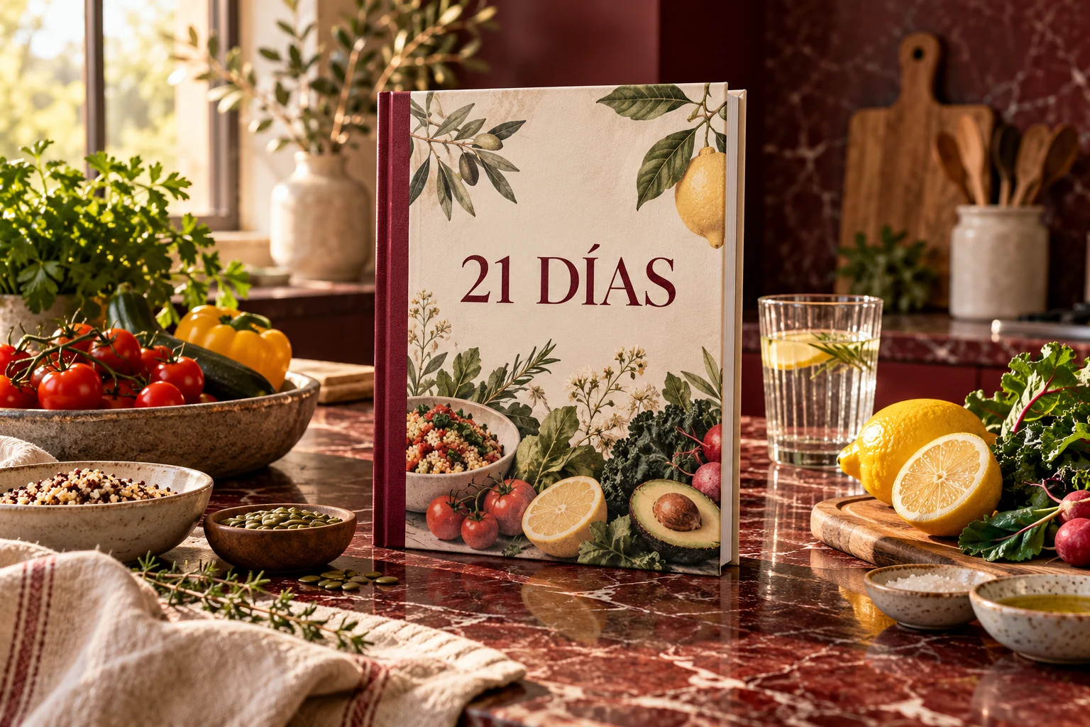 Libro de planificación de 21 días junto a ingredientes frescos en la cocina