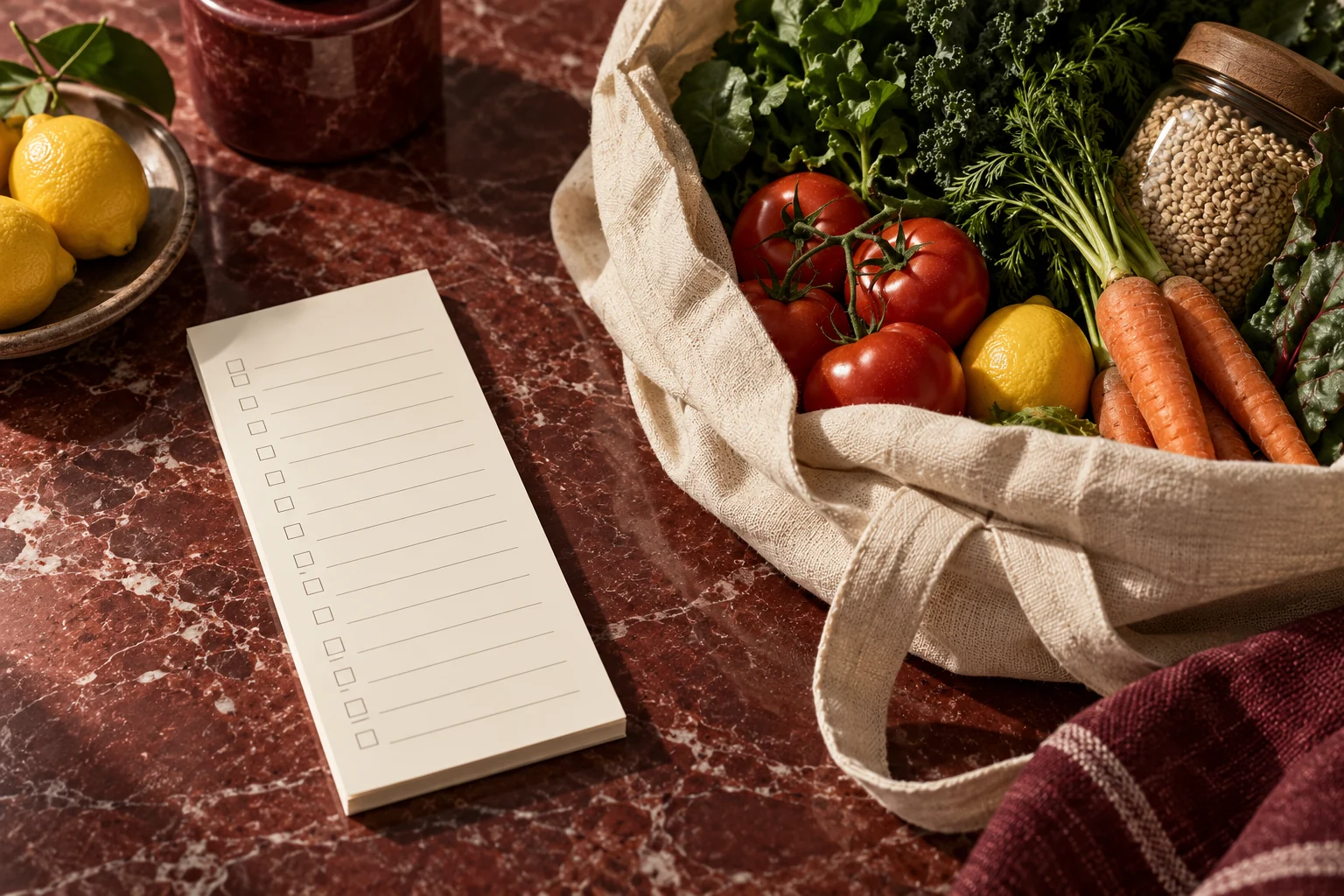Lista de compras junto a una bolsa de verduras