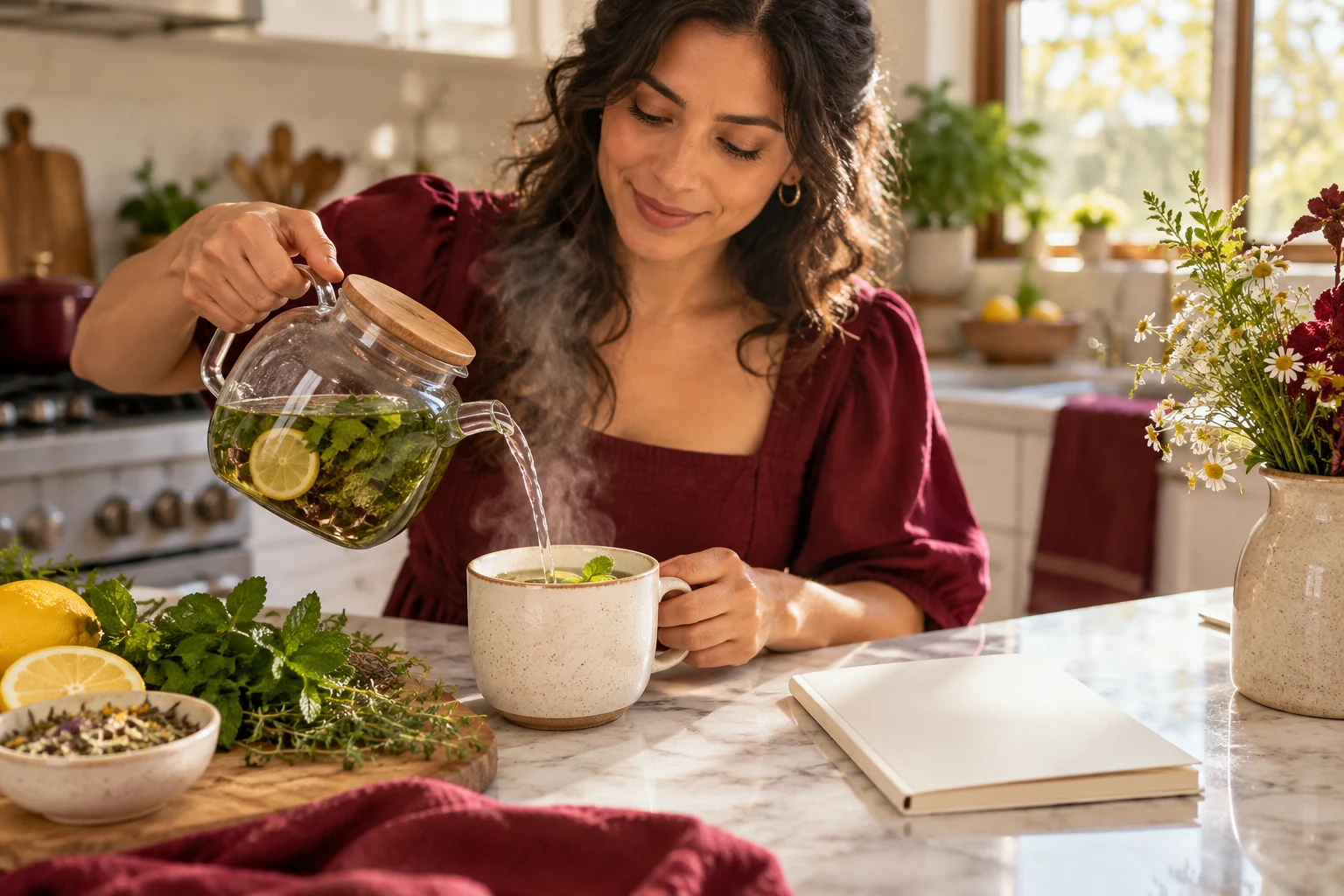 Mujer preparando una infusión en una cocina luminosa